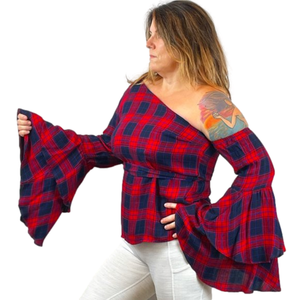 VENUS Red and Blue Plaid Off-Shoulder Top